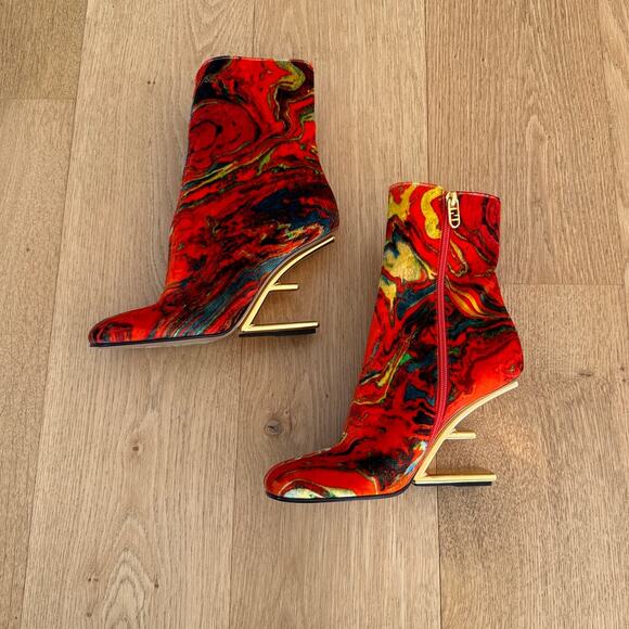 Fendi Ankle Boots Velvet Marble Size EU38 Red Lime Gold Blue - Picture 4 of 9